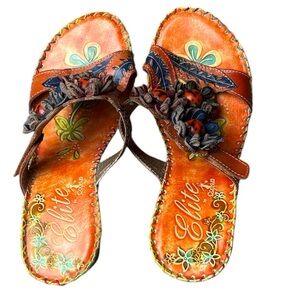 Elite by Corky’s Women's Orange Sandals Sz 37 Floral Detail Comfortable Festival